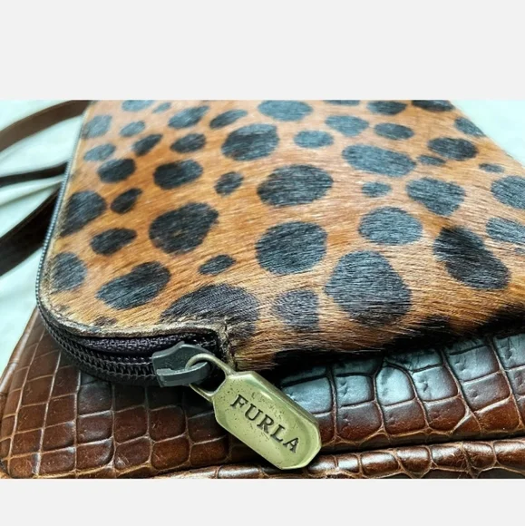 FURLA Croc Brown Leather Shoulder Crossbody Leopard Bag Made in Italy